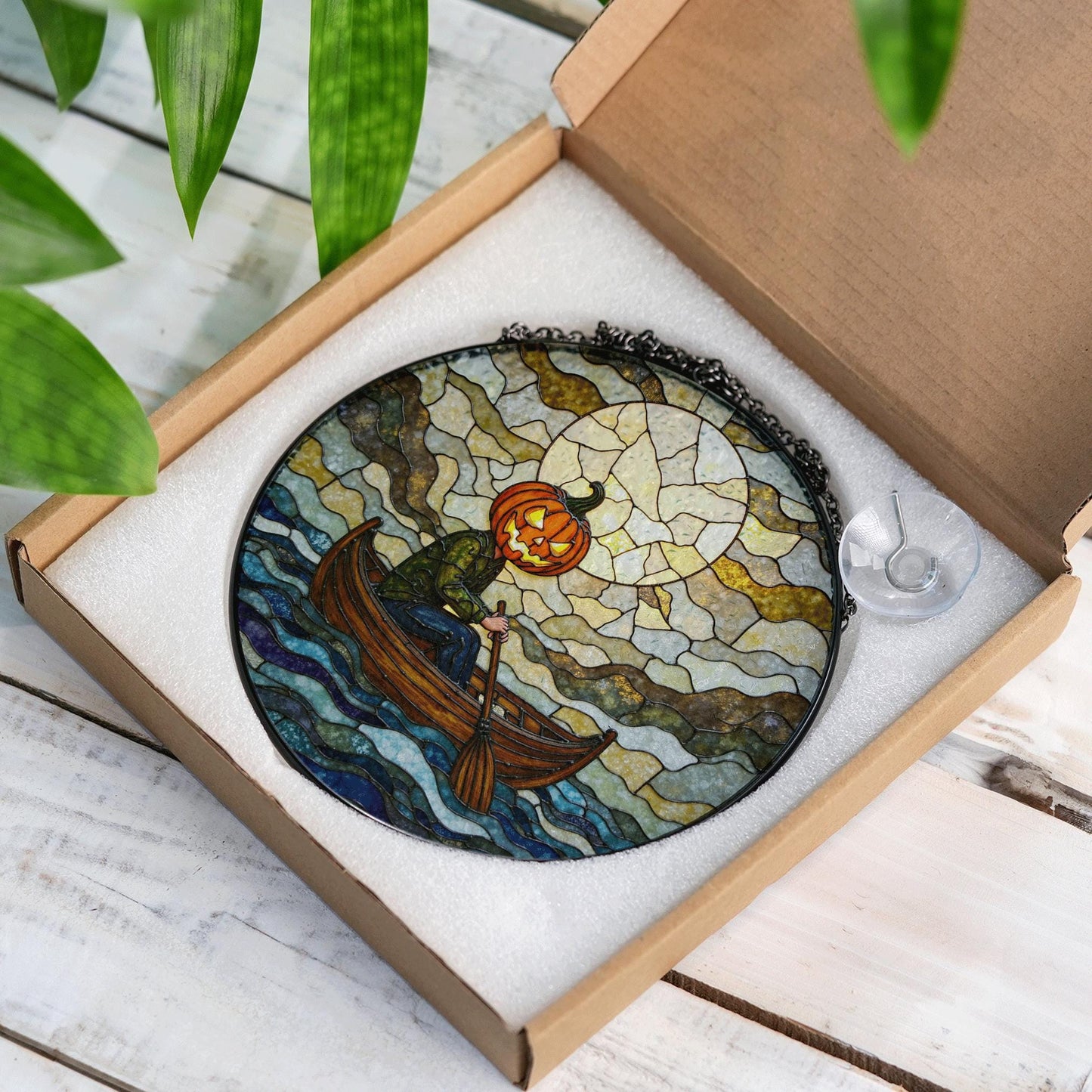 Suncatcher stained glass pumpkin head rowing boat Halloween gift