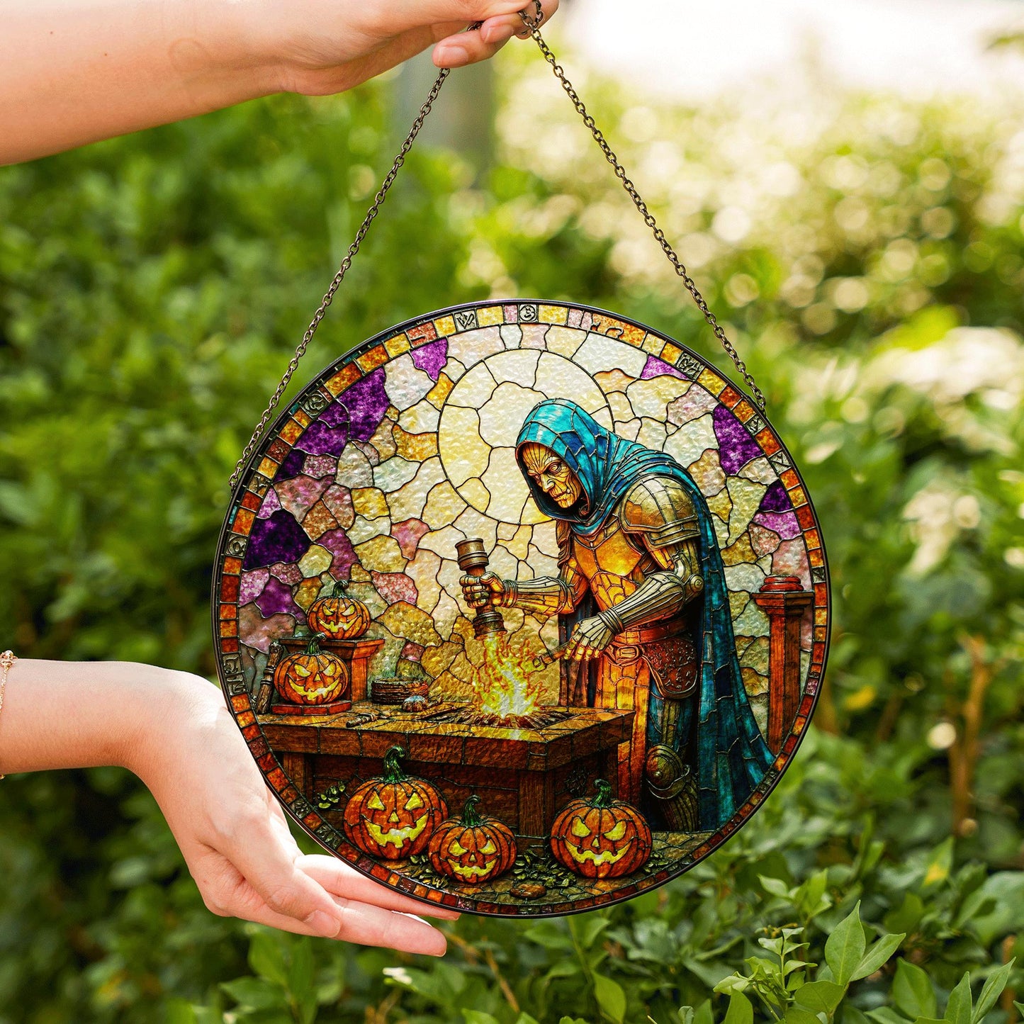 suncatcher stained glass knight forging sword with pumpkins halloween gift