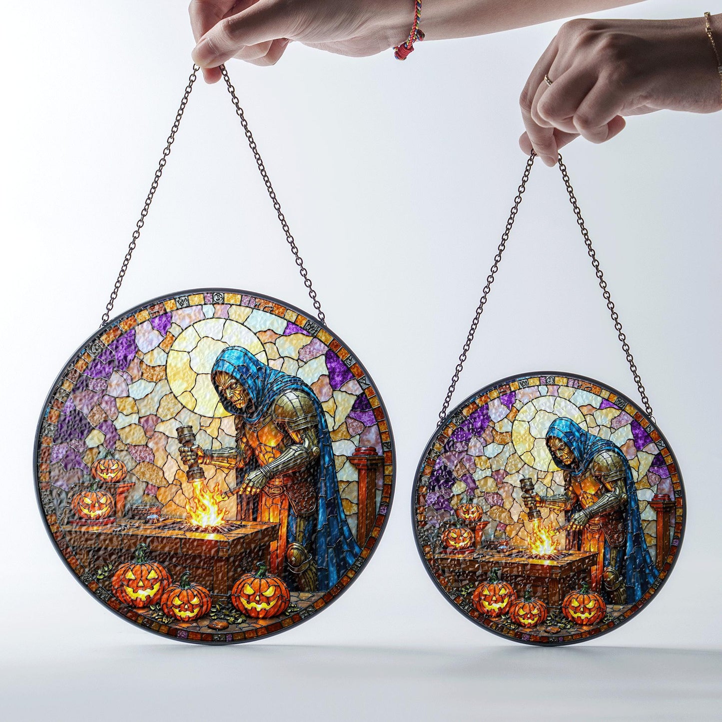 suncatcher stained glass knight forging sword with pumpkins halloween gift