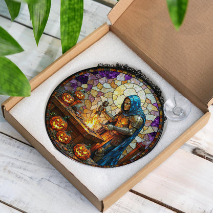 suncatcher stained glass knight forging sword with pumpkins halloween gift