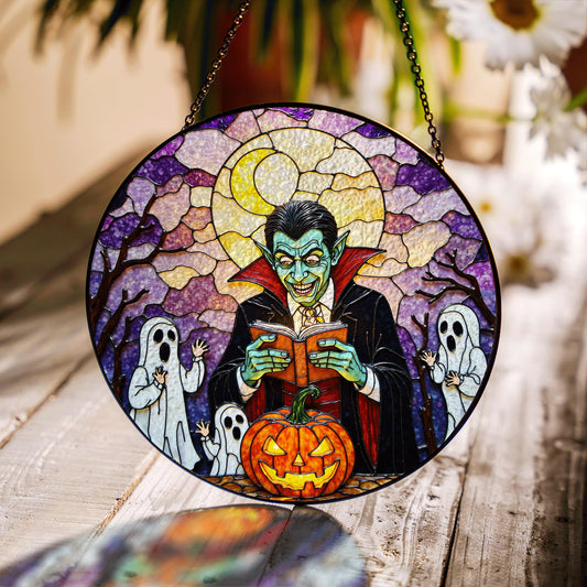 Suncatcher stained glass vampire reading pumpkin Halloween gift