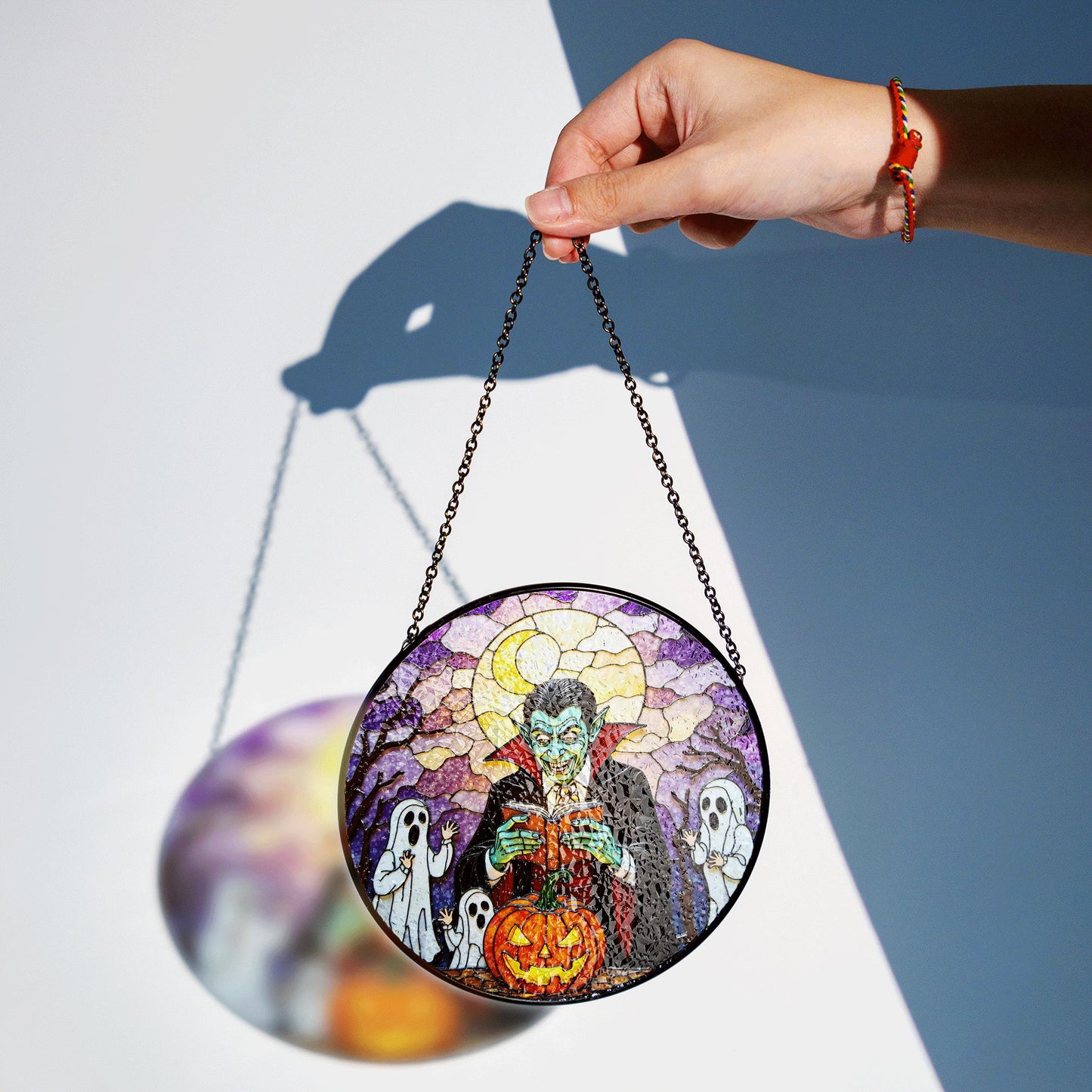 Suncatcher stained glass vampire reading pumpkin Halloween gift
