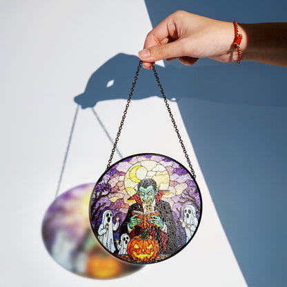 Suncatcher stained glass vampire reading pumpkin Halloween gift