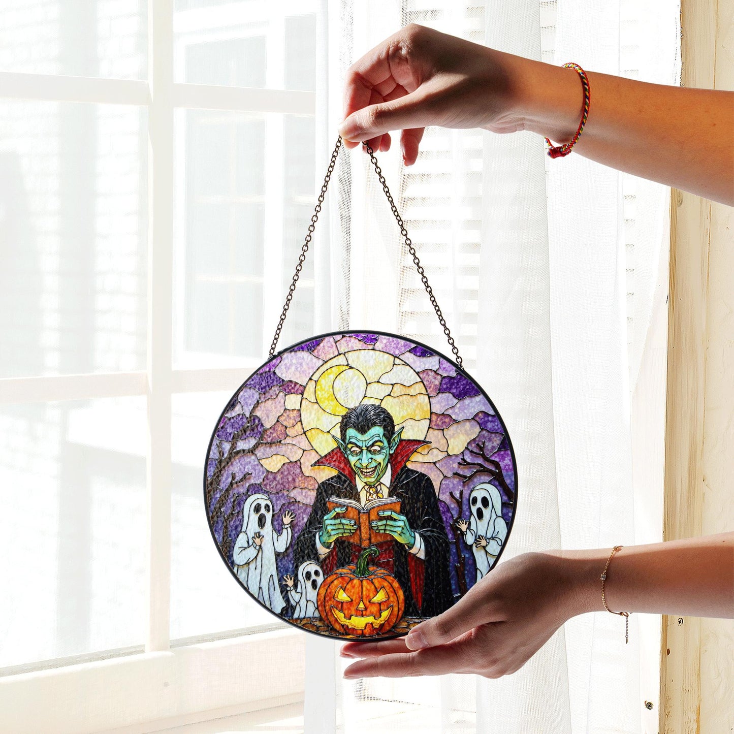 Suncatcher stained glass vampire reading pumpkin Halloween gift