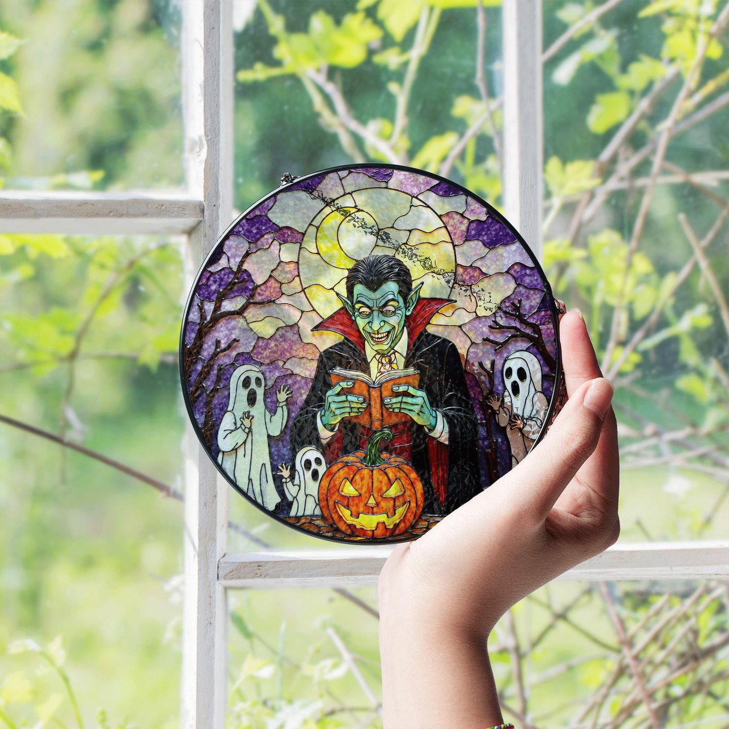 Suncatcher stained glass vampire reading pumpkin Halloween gift