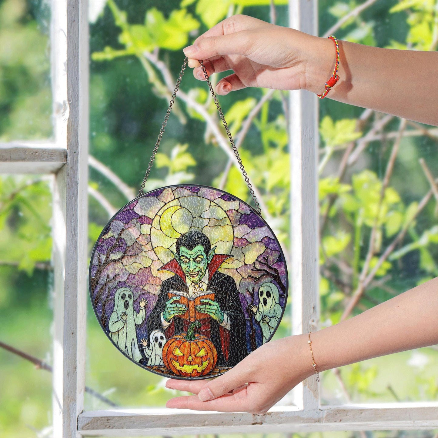 Suncatcher stained glass vampire reading pumpkin Halloween gift