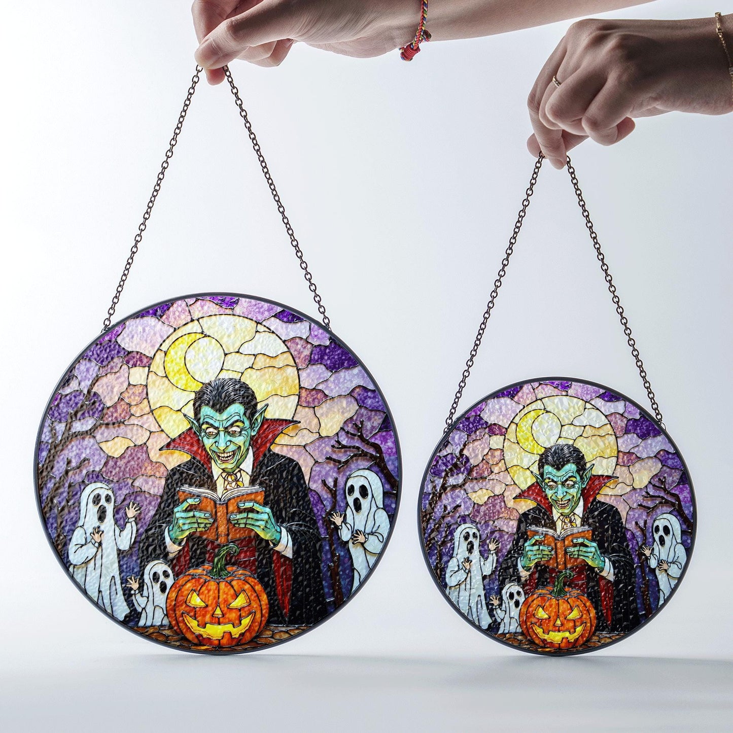 Suncatcher stained glass vampire reading pumpkin Halloween gift