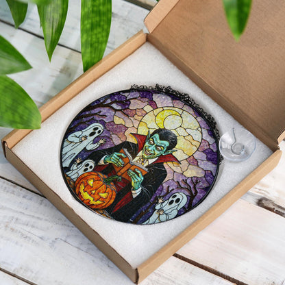 Suncatcher stained glass vampire reading pumpkin Halloween gift