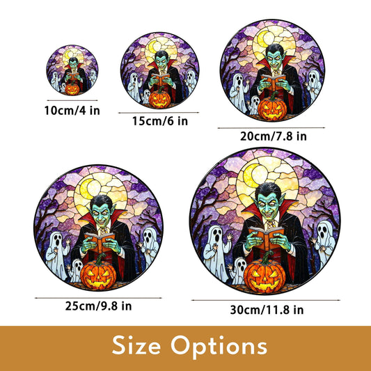 Suncatcher stained glass vampire reading pumpkin Halloween gift