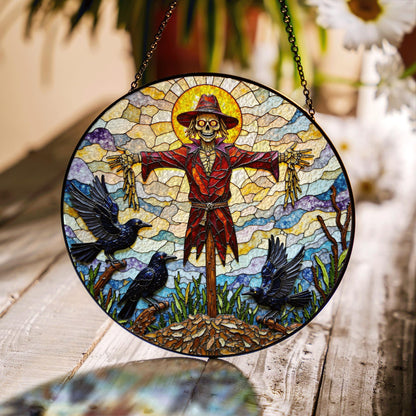 Suncatcher stained glass scarecrow with crows Halloween gift for mom autumn harvest decor