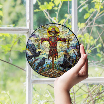 Suncatcher stained glass scarecrow with crows Halloween gift for mom autumn harvest decor