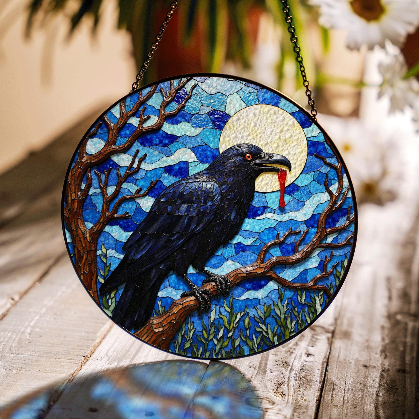 stained glass suncatcher raven full moon Halloween gift for mom gothic home decor