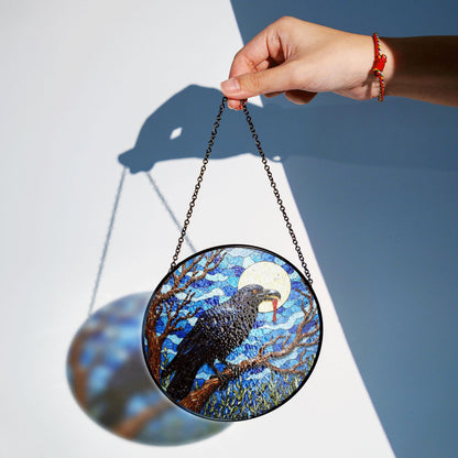 stained glass suncatcher raven full moon Halloween gift for mom gothic home decor