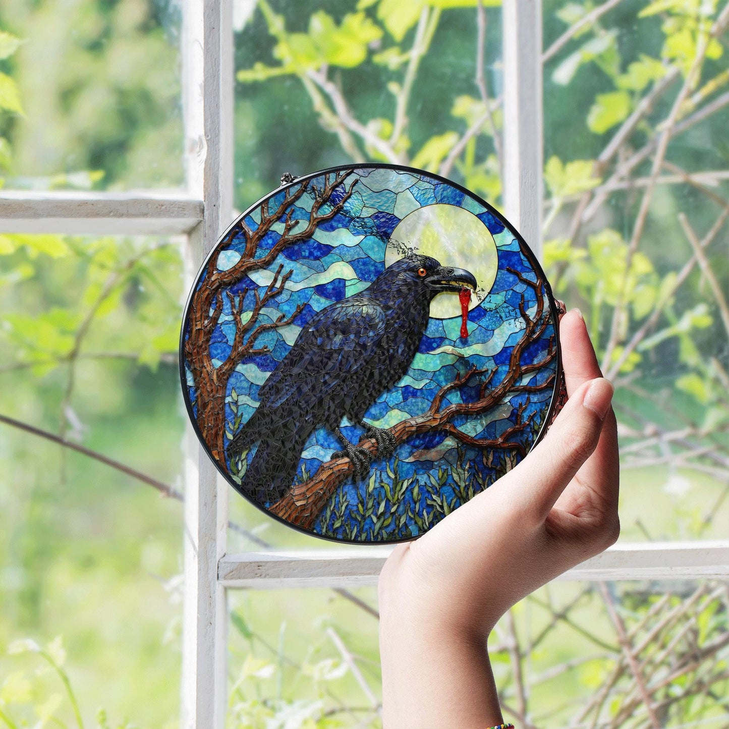 stained glass suncatcher raven full moon Halloween gift for mom gothic home decor