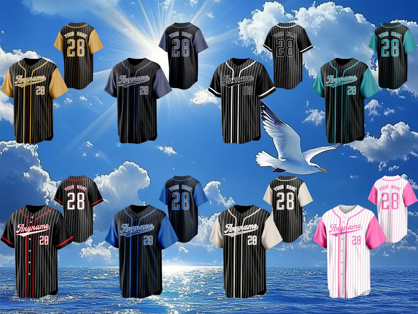 Custom Embroidered Pinstripe Baseball Jersey with Personalized Team Name and Number Baseball Couple Jersey Ideal for Sports Teams and Gifts