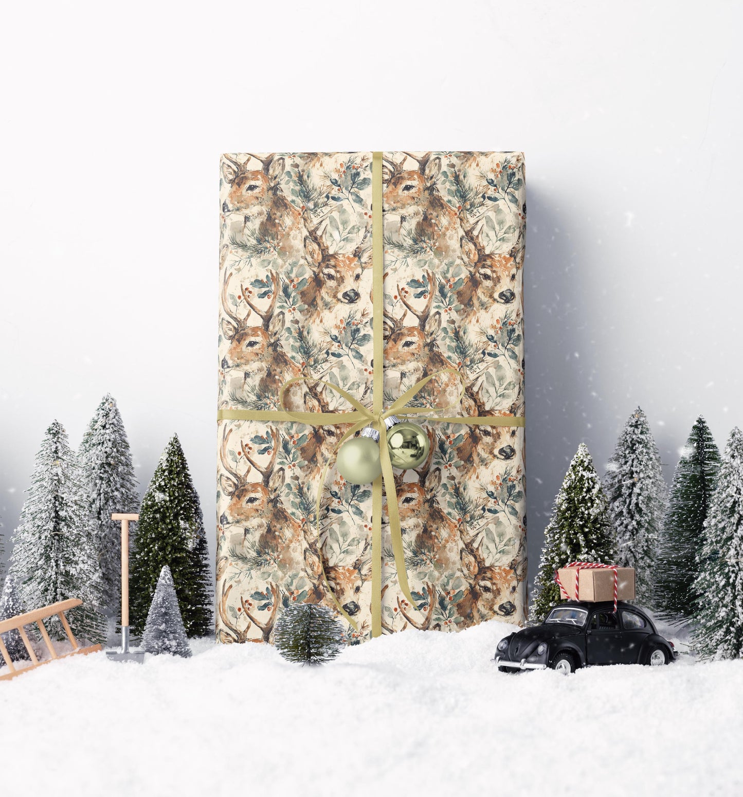 Watercolor Deer Wrapping Paper Christmas | Premium Holiday Gift Wrap Roll | Rustic Woodland Festive Supplies #4