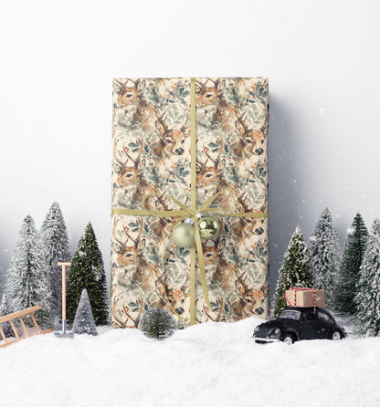 Watercolor Deer Wrapping Paper Christmas | Premium Holiday Gift Wrap Roll | Rustic Woodland Festive Supplies #4