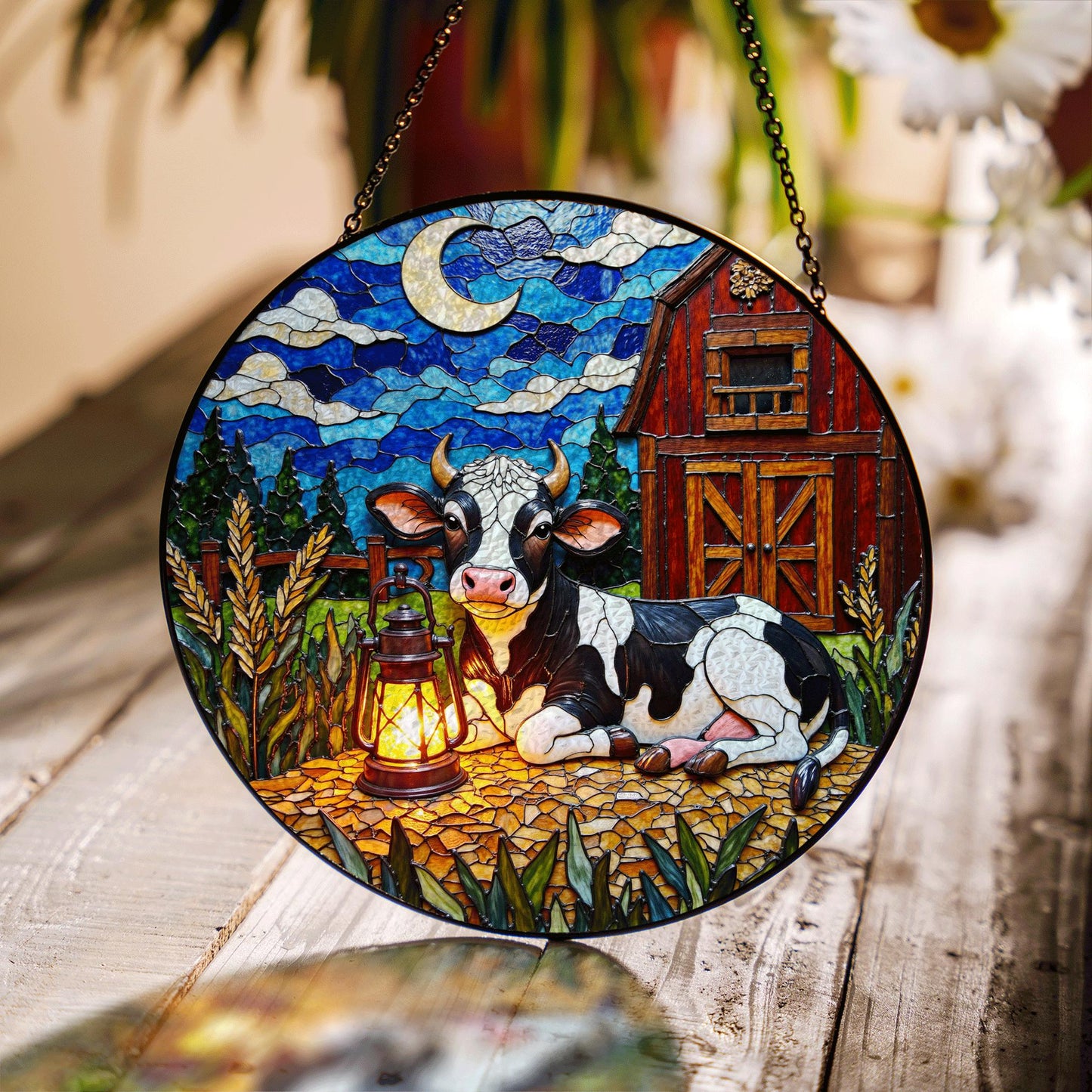 Suncatcher stained glass cow and barn rustic night scene gift for mom farmhouse decor birthday gift