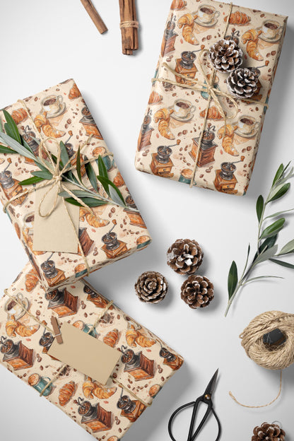 Coffee Wrapping Paper Watercolor Coffee Beans | Premium Barista Gift Wrap Roll | Rustic Cozy Design #7