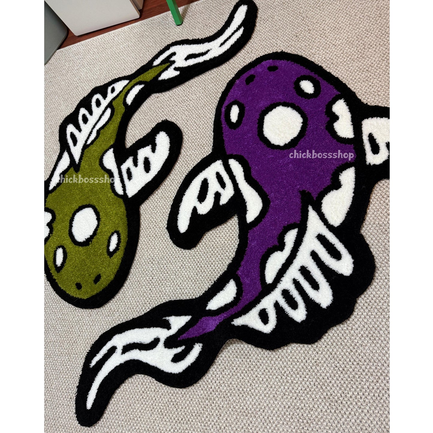 Colorful Koi Yin Yang Fish Rug | Purple - Green Yin Yang Rug | Custom Asian Tufted Rug
