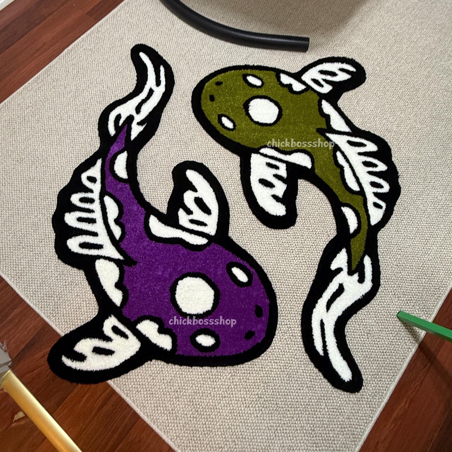 Colorful Koi Yin Yang Fish Rug | Purple - Green Yin Yang Rug | Custom Asian Tufted Rug