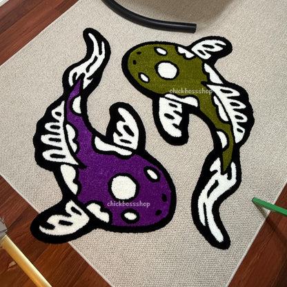 Colorful Koi Yin Yang Fish Rug | Purple - Green Yin Yang Rug | Custom Asian Tufted Rug