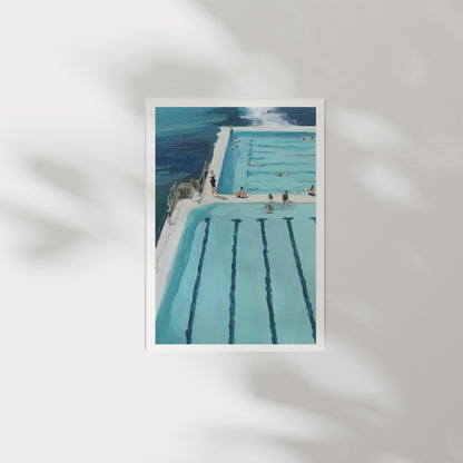 Vintage Beach Print: Muted Coastal Art, Swimmers Pool Painting