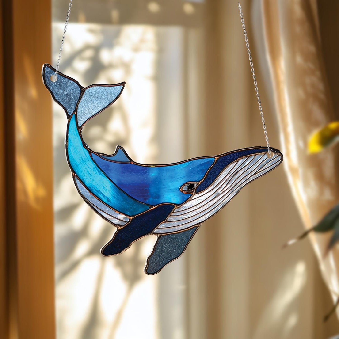Blue Whale Window Hanging Decoration, Ocean Animal Design In Shades Of Blue For Nautical Themed Home, Beach House, And Sea Lovers
