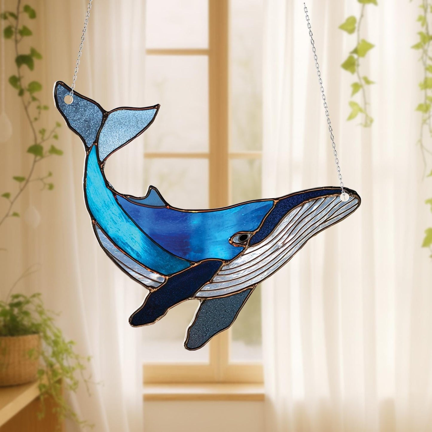 Blue Whale Window Hanging Decoration, Ocean Animal Design In Shades Of Blue For Nautical Themed Home, Beach House, And Sea Lovers