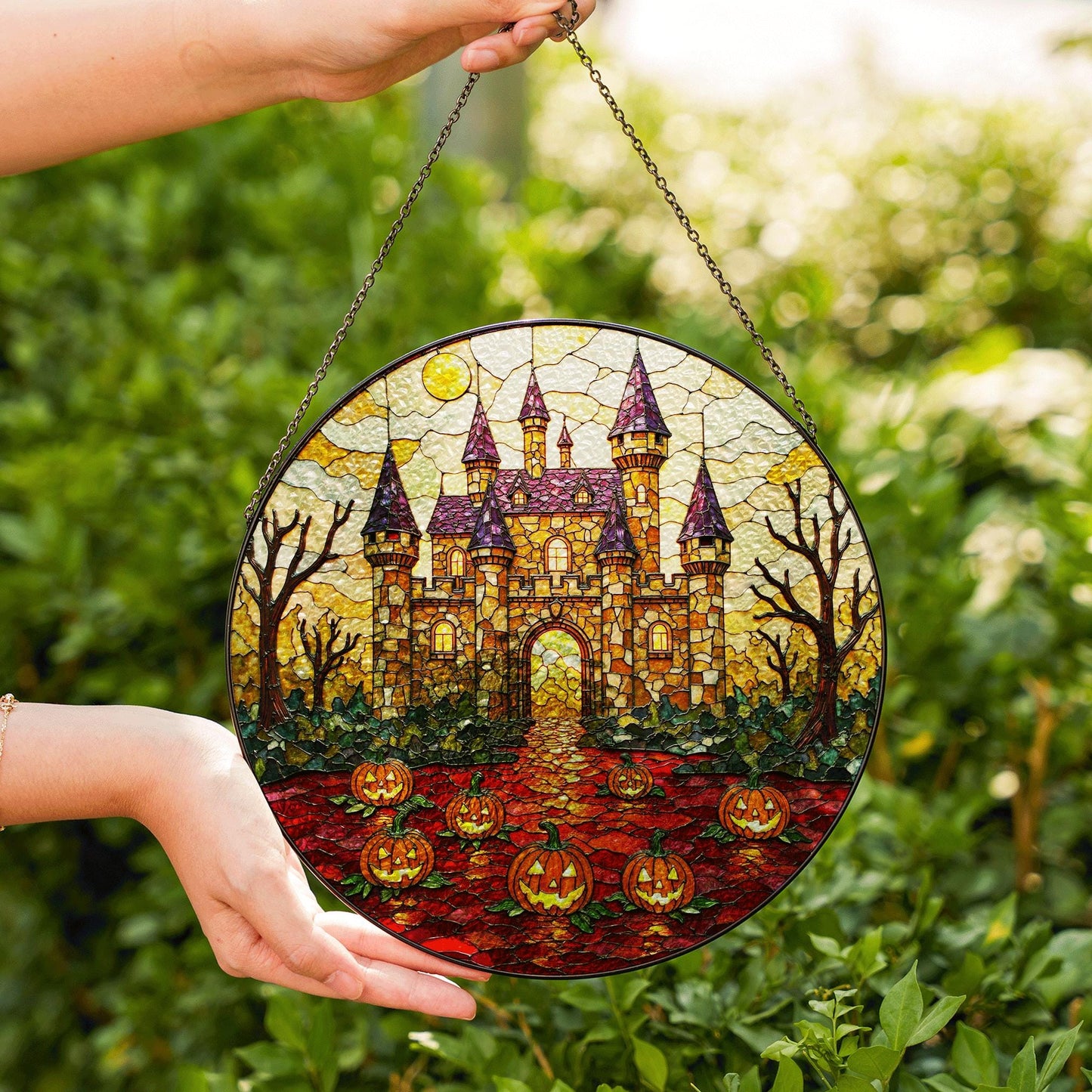 Suncatcher stained glass haunted castle with pumpkins Halloween gift for mom or spooky home decor