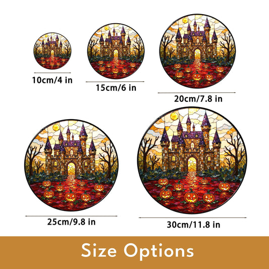 Suncatcher stained glass haunted castle with pumpkins Halloween gift for mom or spooky home decor