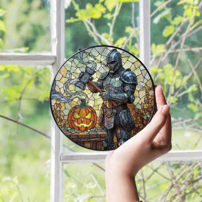 Suncatcher stained glass knight with pumpkin Halloween gift
