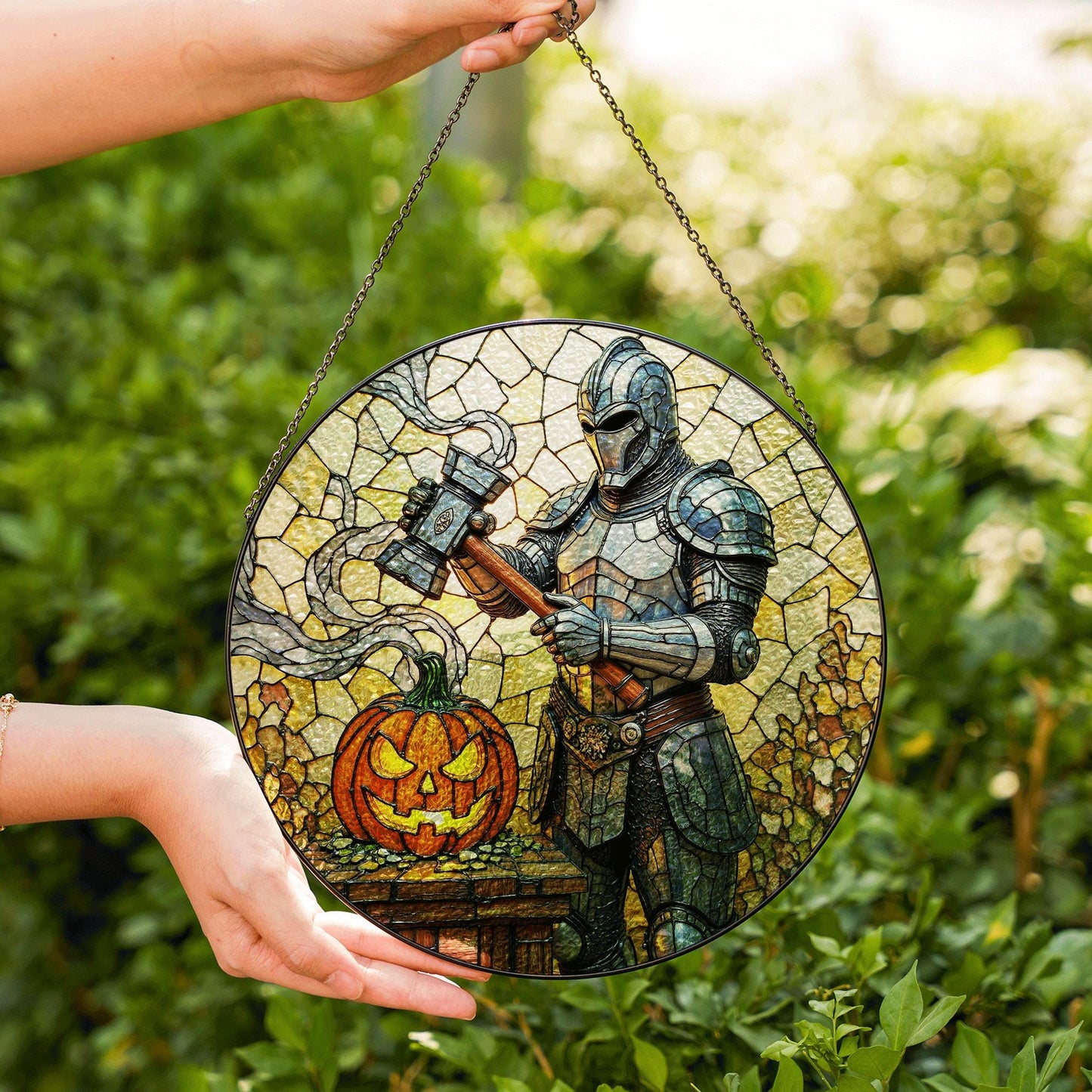 Suncatcher stained glass knight with pumpkin Halloween gift