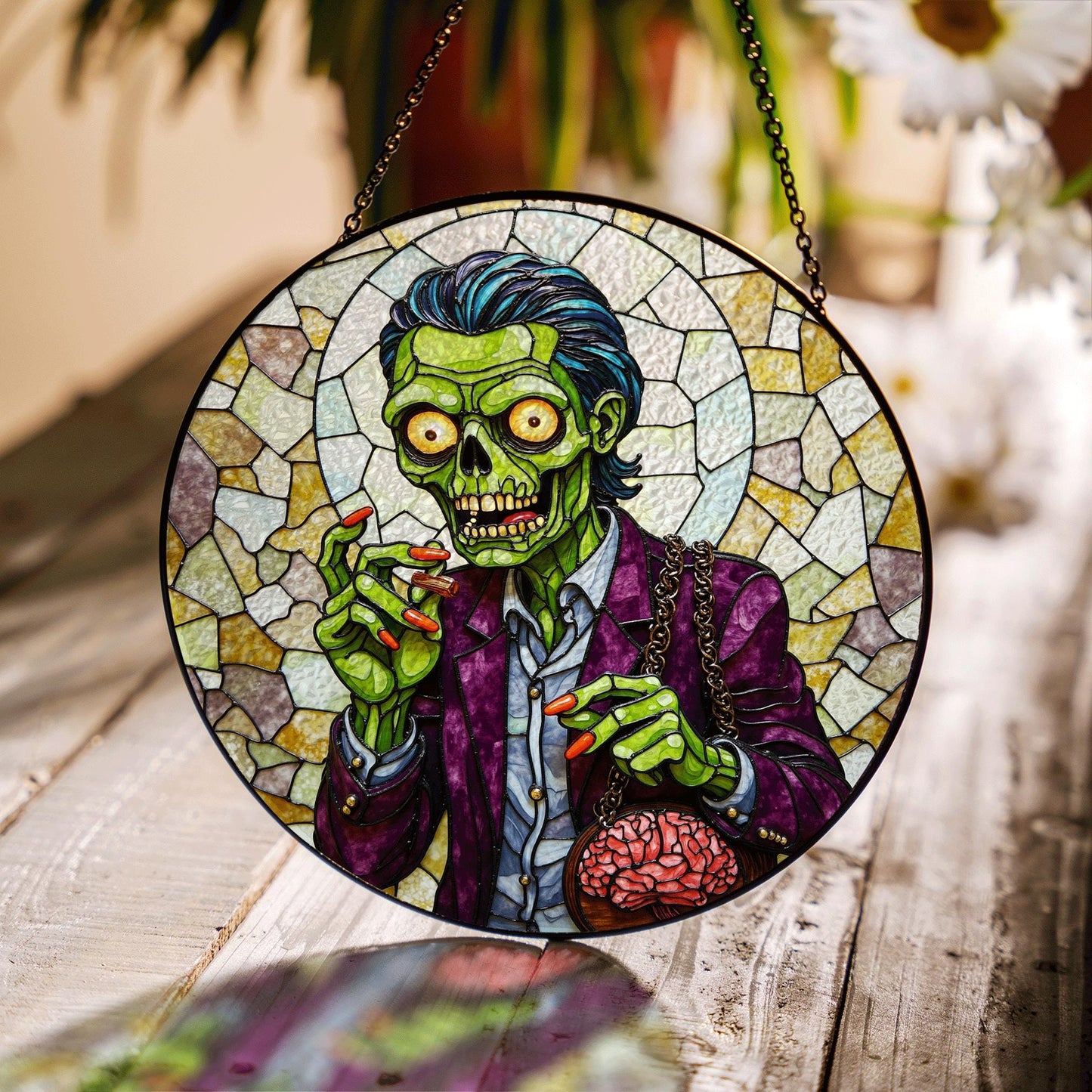 suncatcher stained glass zombie holding brain halloween gift for horror lover