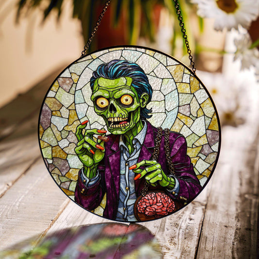 suncatcher stained glass zombie holding brain halloween gift for horror lover