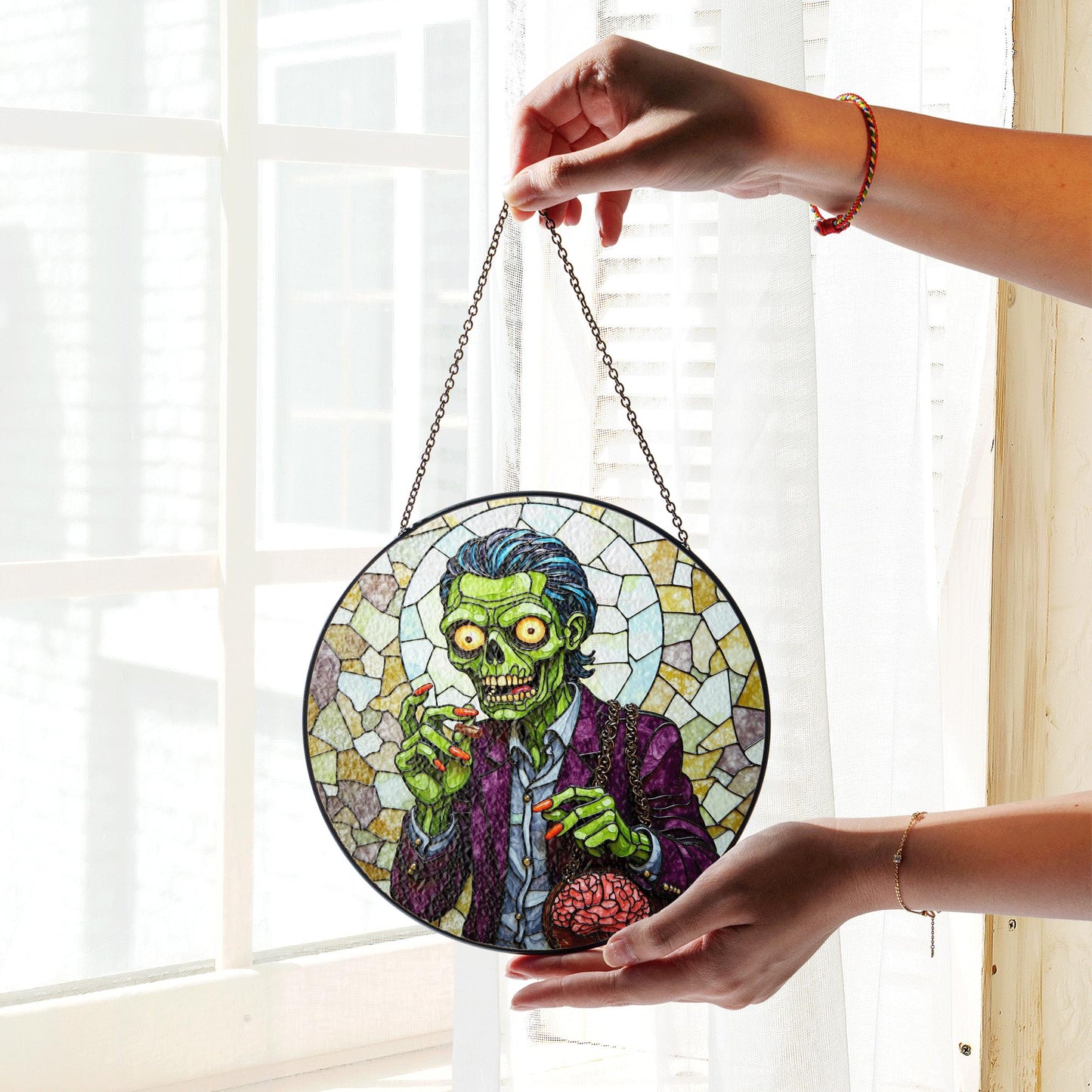 suncatcher stained glass zombie holding brain halloween gift for horror lover