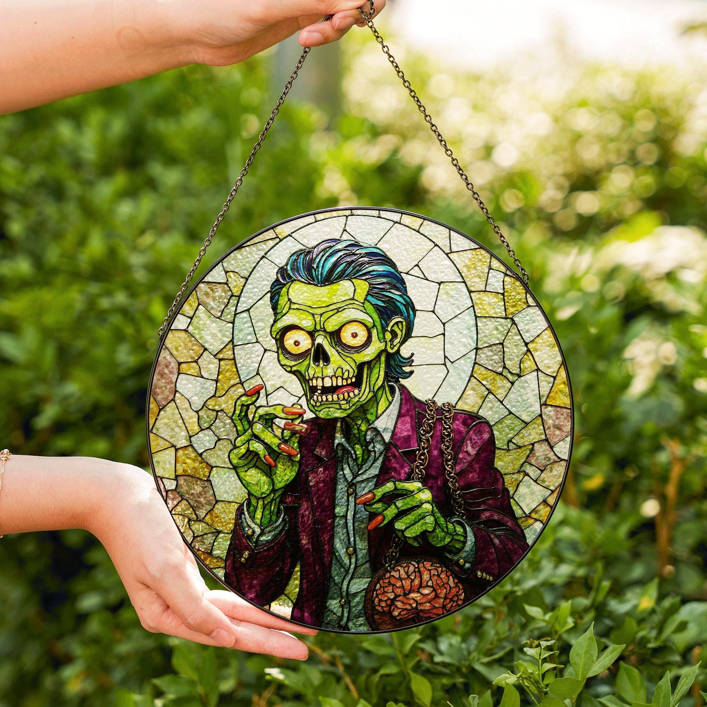 suncatcher stained glass zombie holding brain halloween gift for horror lover
