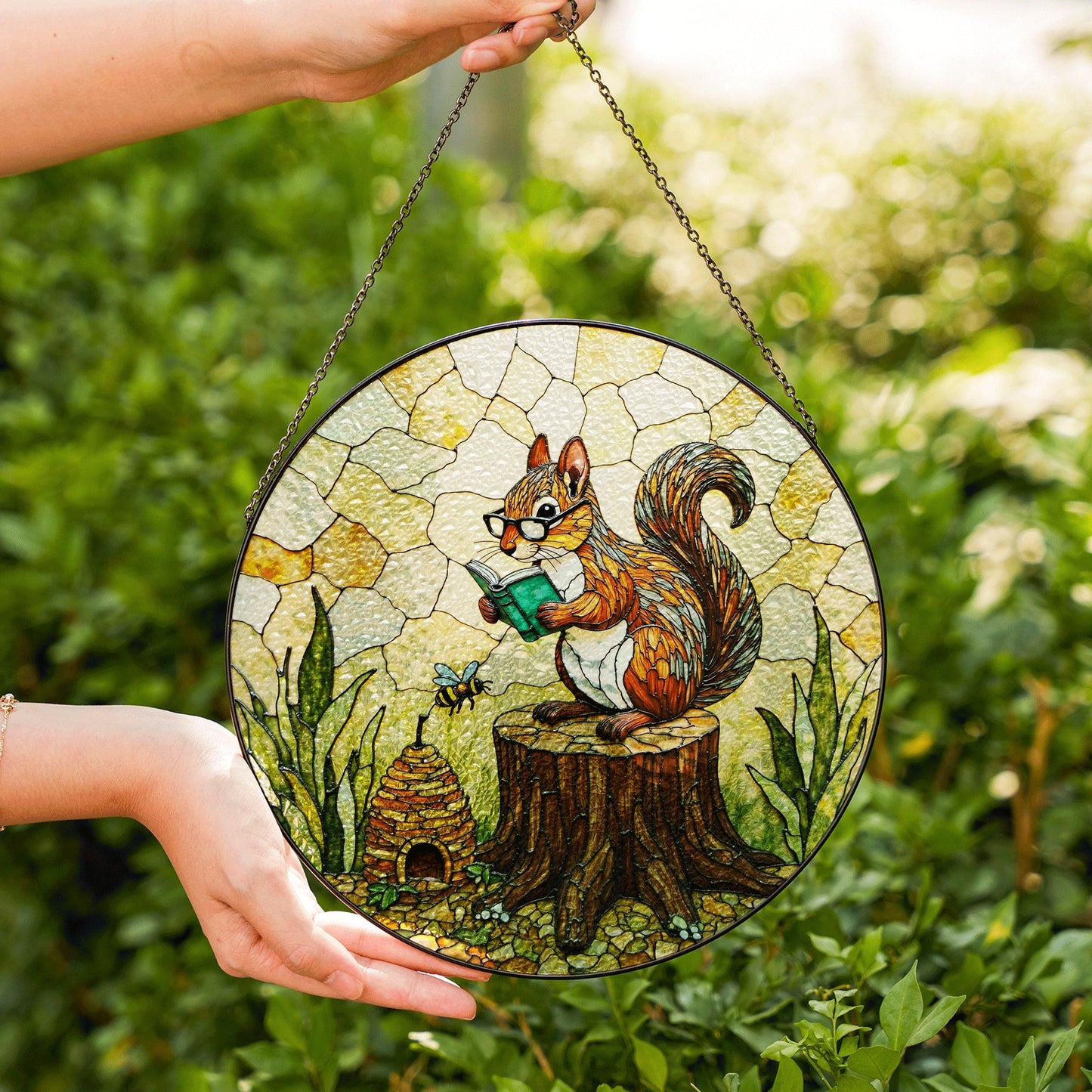 Suncatcher stained glass squirrel reading on tree stump woodland gift for mom Mothers Day gift