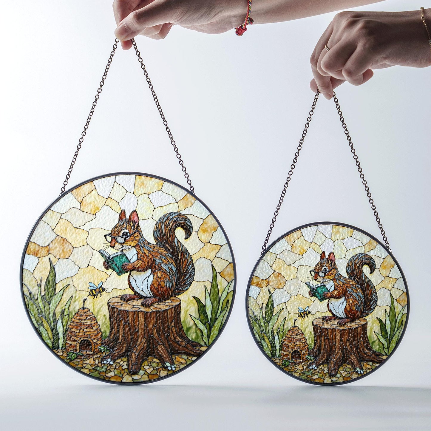 Suncatcher stained glass squirrel reading on tree stump woodland gift for mom Mothers Day gift