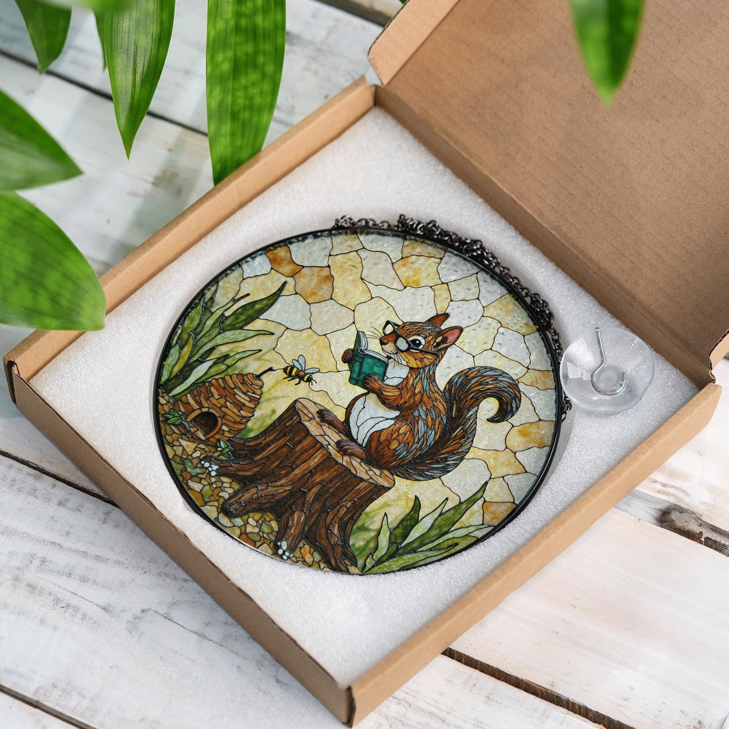 Suncatcher stained glass squirrel reading on tree stump woodland gift for mom Mothers Day gift