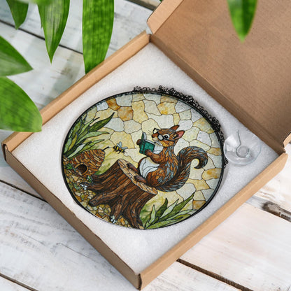 Suncatcher stained glass squirrel reading on tree stump woodland gift for mom Mothers Day gift