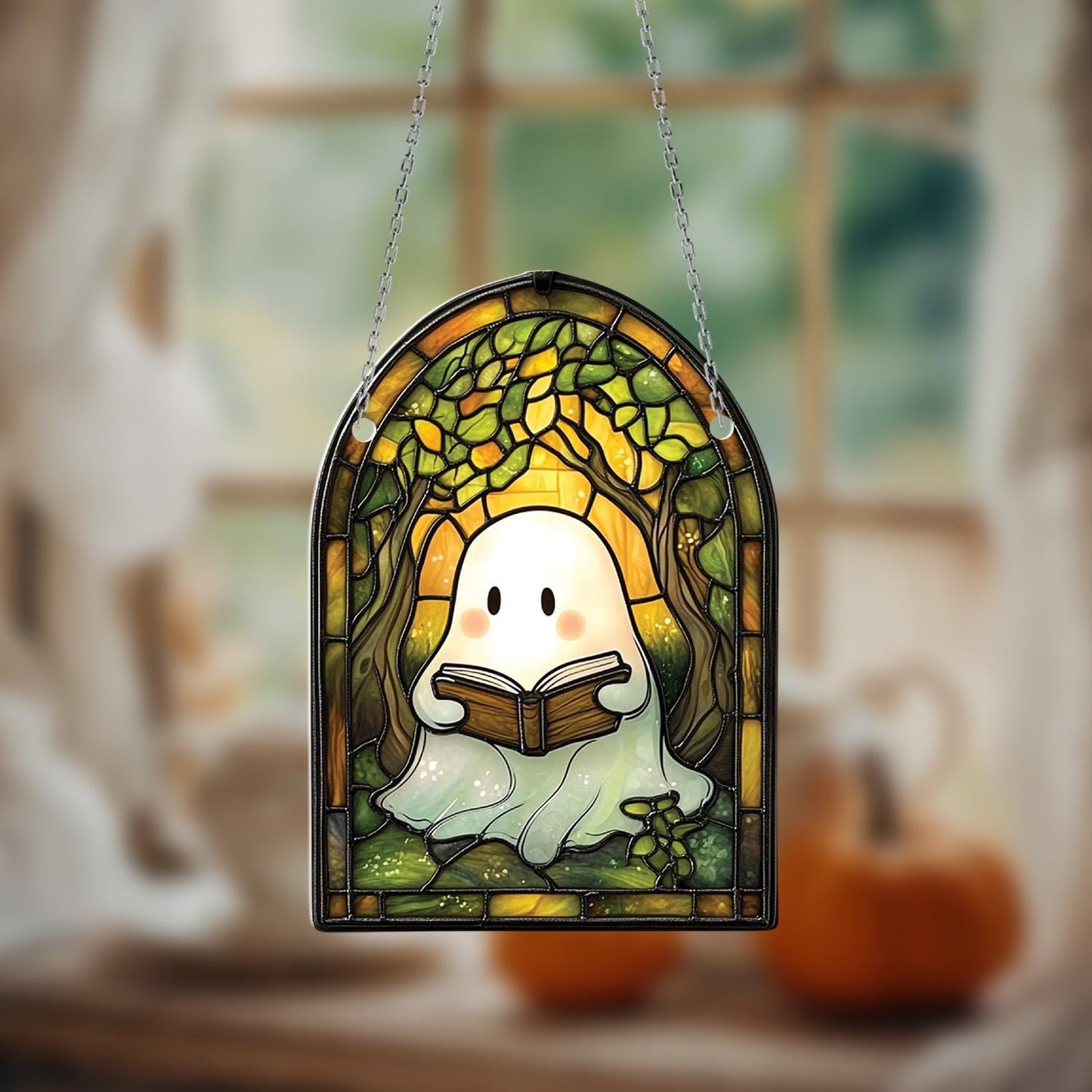 Ghost Reading book Acrylic window Decor, Halloween Bookshelf, Book Lover Halloween, Halloween gift, Spooky Reader Window hanging