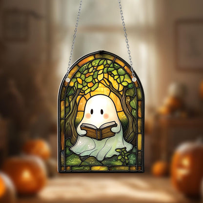 Ghost Reading book Acrylic window Decor, Halloween Bookshelf, Book Lover Halloween, Halloween gift, Spooky Reader Window hanging