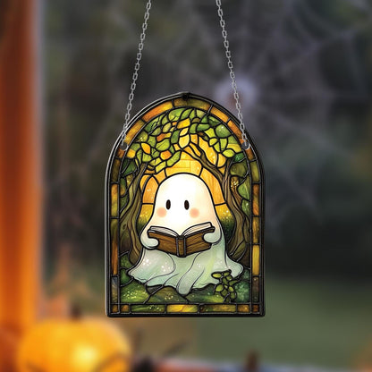 Ghost Reading book Acrylic window Decor, Halloween Bookshelf, Book Lover Halloween, Halloween gift, Spooky Reader Window hanging