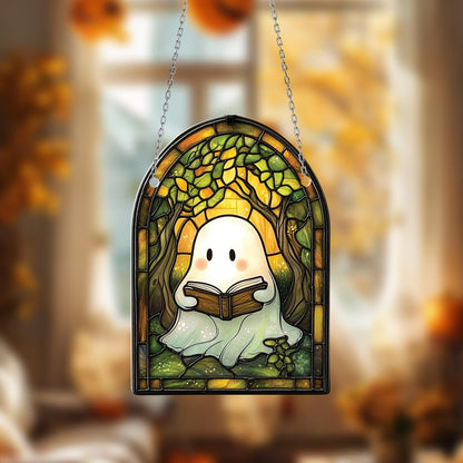 Ghost Reading book Acrylic window Decor, Halloween Bookshelf, Book Lover Halloween, Halloween gift, Spooky Reader Window hanging