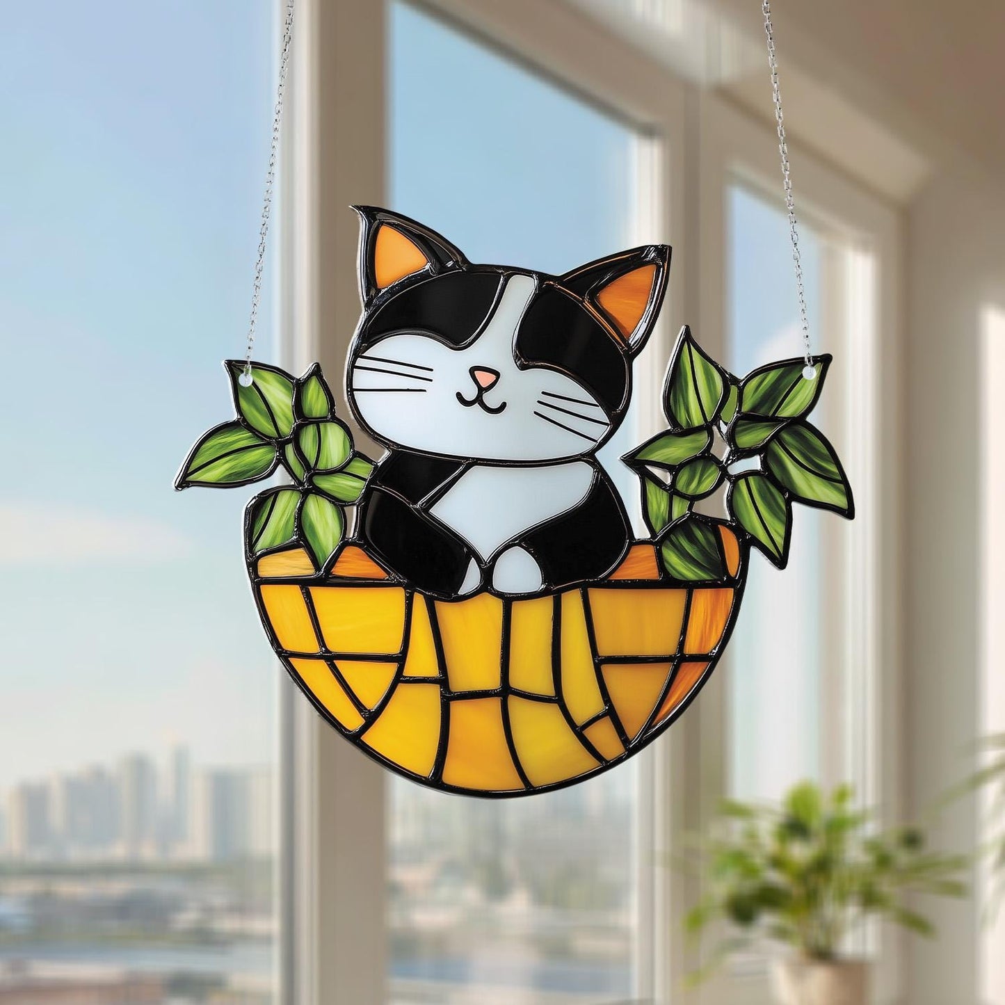 Cute Cat In Basket Window Hanging Decoration, Adorable Black And White Kitty With Green Leaves Design For Home, Garden, And Pet Lovers