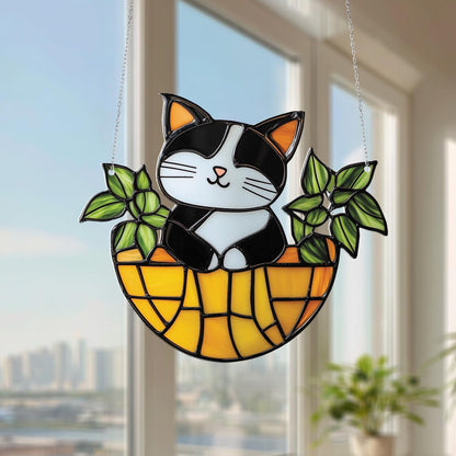 Cute Cat In Basket Window Hanging Decoration, Adorable Black And White Kitty With Green Leaves Design For Home, Garden, And Pet Lovers