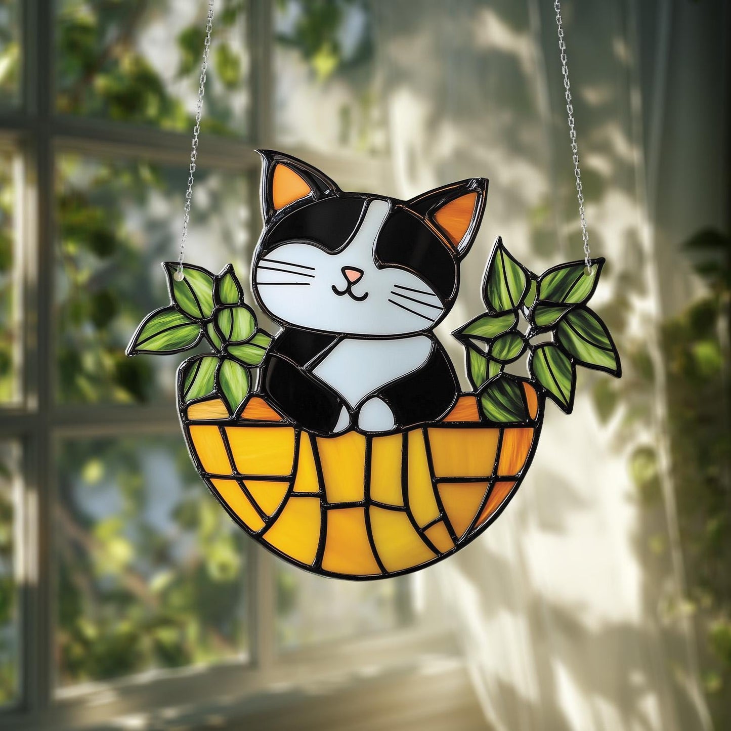 Cute Cat In Basket Window Hanging Decoration, Adorable Black And White Kitty With Green Leaves Design For Home, Garden, And Pet Lovers