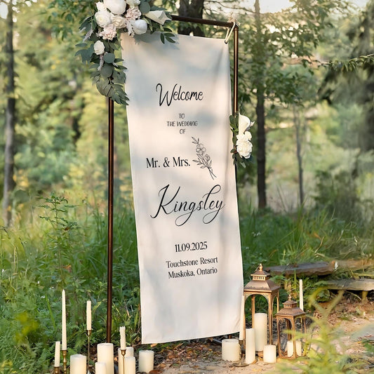 Custom Fabric Wedding Welcome Sign, Custom Hanging Banner for Outdoor Garden Ceremony, Rustic Fabric Signage, Personalized Wedding Decor