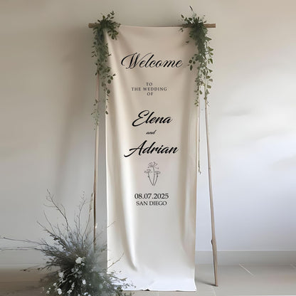 Wedding Welcome Sign, Personalized Banner with Couple’s Names Date and Location, Custom Ceremony Decoration, Elegant Wedding Reception